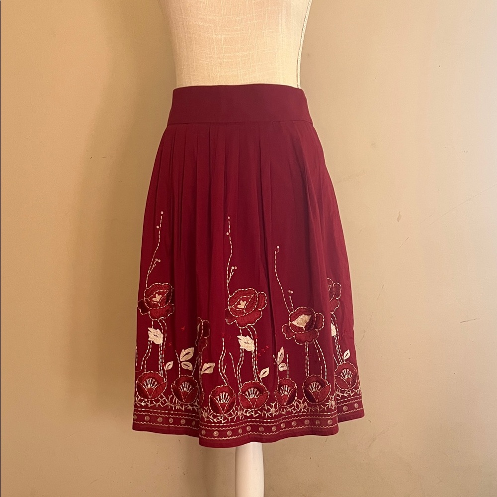 ANTONIO MELANI Havana Night Embroidered Pleated A-line Skirt Deep Currant Red